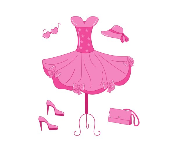 粉色时尚假日系列。衣架上的晚礼服、模特、鞋子、包、帽子、太阳镜。公主的玩偶配件和服装套装。矢量插图，背景独立。图片下载
