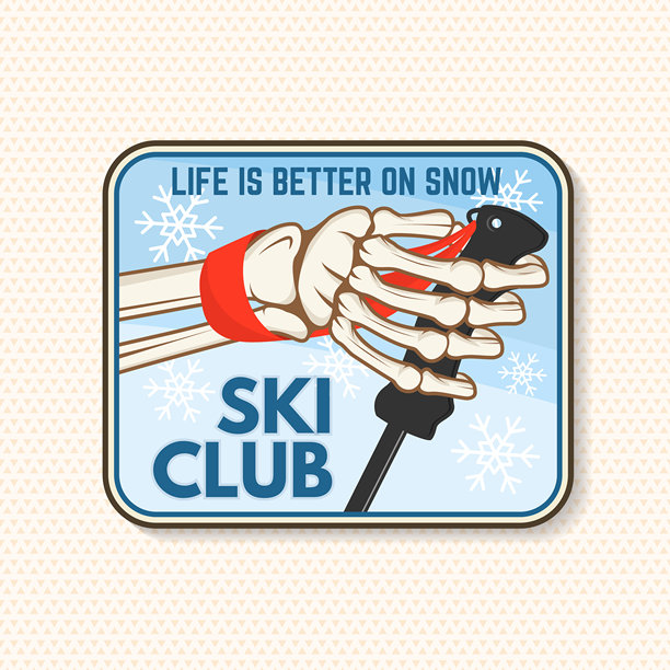 滑雪俱乐部。复古滑雪俱乐部徽章，纺织补丁。适用于衬衫、印刷、印章或印记的概念，描绘人类骷髅手握滑雪杖。家庭度假、活动或旅行。用于标志设计、补丁。图片下载