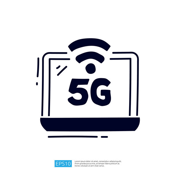 这张图片展示了一台风格化的笔记本电脑，上面显著地显示着“5G”字样，象征着高速互联网连接和现代科技。图片下载