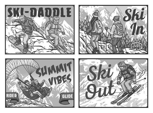 四幅色彩斑斓的插图，展示人们在雪山背景下进行滑雪和滑翔伞等冬季运动。冬季运动海报或标志。图片下载