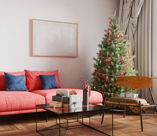 圣诞节室内框架，客厅海报在家居设计新年中空白，一个图片元素的模型，年度假期，3D渲染图片下载