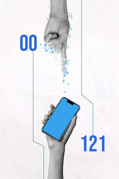 垂直照片拼贴，手指指向手机屏幕设备，矩阵元素，网络空间应用技术，背景为涂鸦风格。图片下载