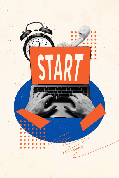 综合趋势艺术作品草图图像照片拼贴，包含匿名手在键盘上打字、笔记本电脑显示屏、开始时钟、截止时间和座机电话。图片下载