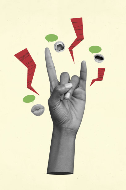 垂直照片拼贴，手势展示摇滚手势，金属嘴巴，语音气泡，沟通，闪电，背景为涂鸦风格。图片下载