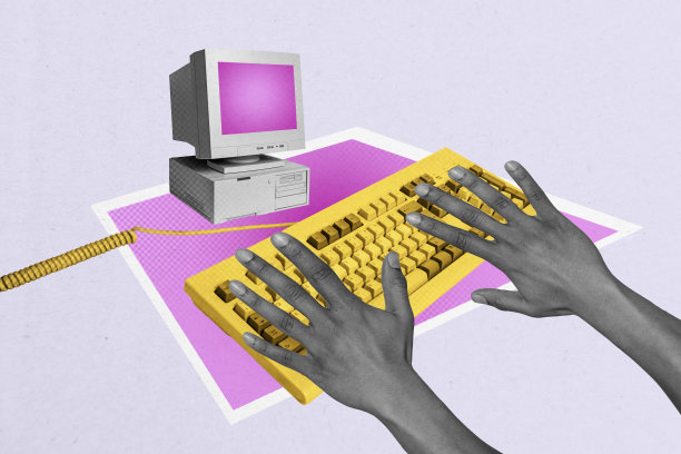 趋势艺术创意草图 3D 照片拼贴 匿名网络空间 过时的电脑显示器 手持打字键盘的记者图片下载