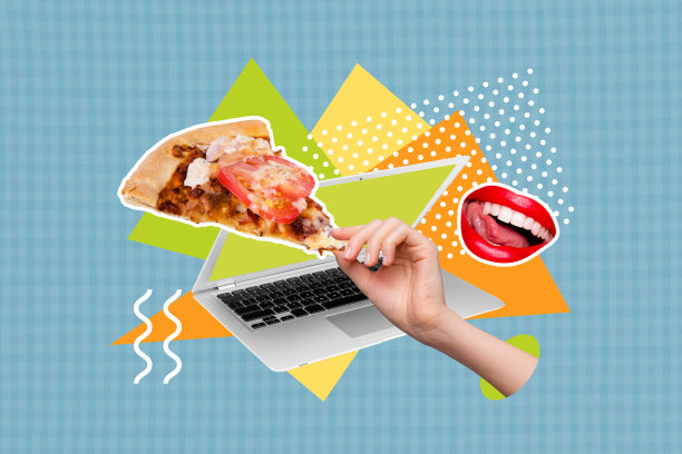 手握披萨片的复合照片拼贴，笔记本电脑在线订购披萨外卖，垃圾食品营养，孤立在涂鸦背景上。图片下载