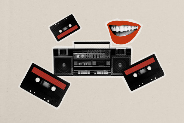 3D照片拼贴的草图模板设计，包含音响盒、卡带录音机、听歌播放列表、匿名的嘴唇微笑，派对周五。图片下载
