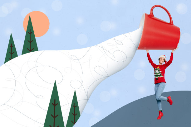 创意合成插图拼贴照片，积极美丽的女孩举着大杯牛奶，背景为手绘风格。图片下载