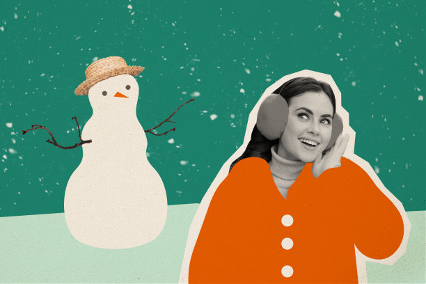 梦幻快乐的女士在户外活动中享受新年，背景为绿色的照片拼贴画。图片下载