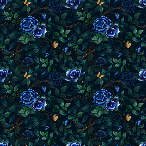 深蓝色玫瑰和叶子的无缝图案，采用水彩绘制。插图中包含一只蝴蝶、一把复古钥匙和一个戒指。手绘的哥特风格图像可用于纺织品和纸张。图片下载