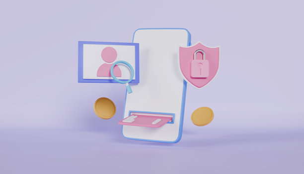 智能手机的面部识别支付的安全性和便利性，硬币、面部图标、放大镜、盾牌、挂锁和勾选标记图片下载