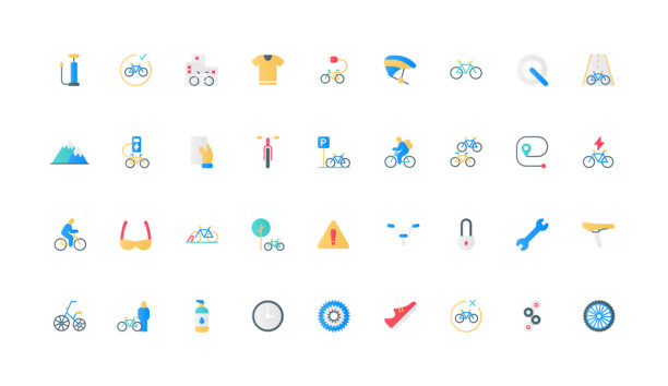 城市骑行和山地旅行的自行车及配件，骑行装备彩色图标集图片下载