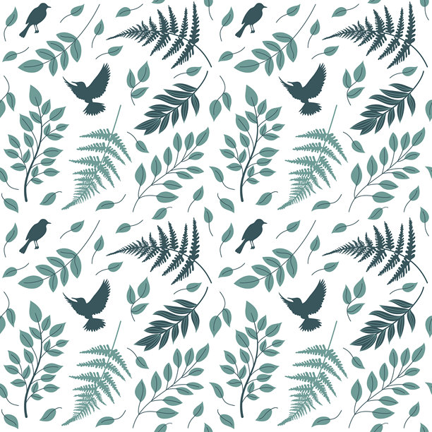 这张图片展示了一个无缝的图案，包含了风格化的树枝和叶子、鸟类以及蕨类植物，采用矢量平面艺术风格设计。图片下载