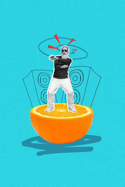 快乐老人在舞厅庆祝的垂直照片拼贴，橙色切片舞动，充满活力，背景为涂鸦风格。图片下载