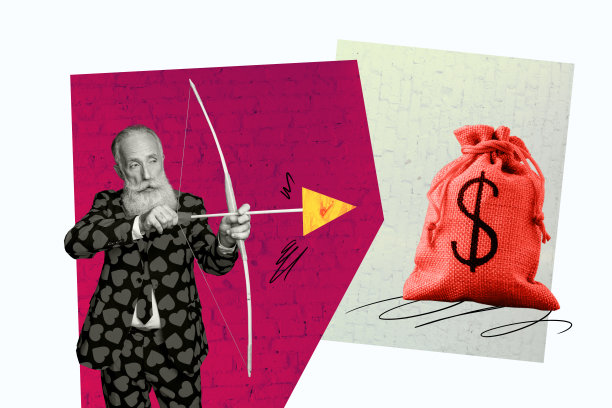 严肃的老者手持弓箭和装有美元的袋子，目的在于增加资本，合成的照片拼贴，背景为涂鸦风格。图片下载