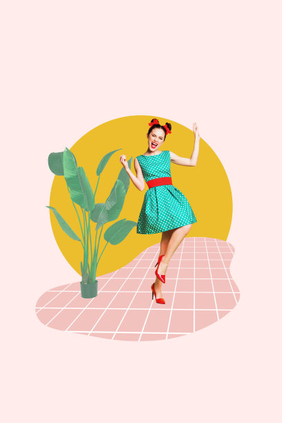 趋势艺术创意草图 3D 照片拼贴 复古风格的年轻女性穿着裙子，发型优雅，舞动着植物和花朵图片下载