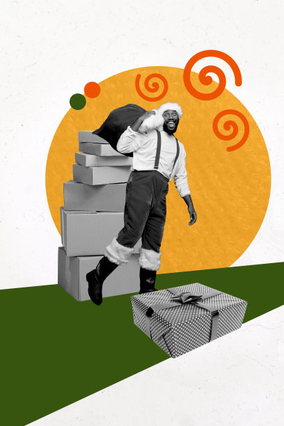 快乐的美国人圣诞老人背着礼物袋，手提包裹，庆祝新年，背景为涂鸦风格的垂直照片拼贴。图片下载