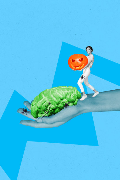 惊讶害怕的女孩走在人手中，手提雕刻的南瓜脑部器官的竖版照片拼贴，背景为涂鸦风格的画面。图片下载