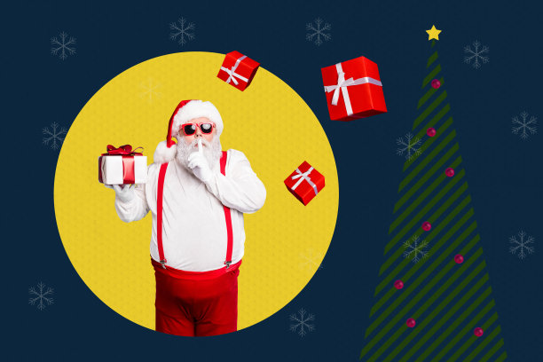 趋势复合3D照片拼贴，展示了十二月传统的圣诞节气氛，年长男性站立，食指竖起示意安静，手中握着礼物盒，背景是装饰的松树。图片下载