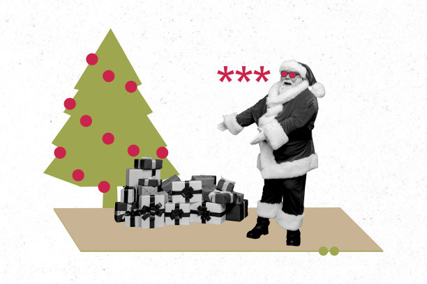 快乐的老年圣诞老人合成照片拼贴，展示新年树装饰和礼物堆，惊喜的圣诞节，背景为涂鸦风格。图片下载