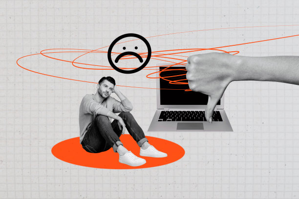 合成照片拼贴，表现一个因网络欺凌而感到沮丧的男人，手势表示不喜欢，遭受虐待的刻板印象，孤立在涂鸦背景前，手持笔记本电脑。图片下载