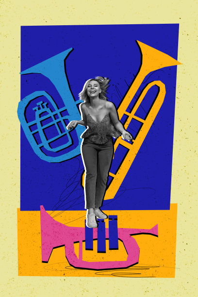 快乐女孩萨克斯演奏家的垂直照片拼贴，舞蹈音乐会表演，轻松氛围，娱乐，背景为涂鸦风格。图片下载