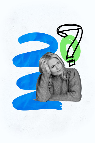 不满的老女人在涂鸦背景前思考解决方案，疑问符号，困境，沉思，创意的竖版照片拼贴。图片下载