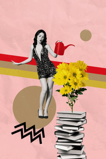 垂直照片拼贴，快乐的女孩手持水壶，照顾菊花花束，阅读书籍，背景为涂鸦风格。图片下载