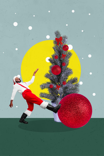 快乐的美国人圣诞老人走在新年树装饰的冬季节日庆祝活动中，垂直照片拼贴，背景为涂鸦风格。图片下载