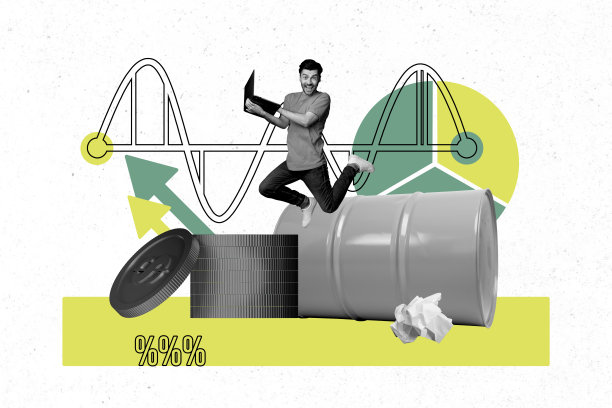 兴奋的男人跳跃在笔记本电脑、油桶、美元、收入图表和箭头发展的复合照片拼贴，背景为涂鸦风格。图片下载