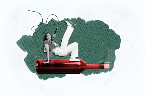 快乐女孩在酒吧场合庆祝假期，跳舞、饮酒，手持麦克风的合成照片拼贴，背景为涂鸦风格。图片下载