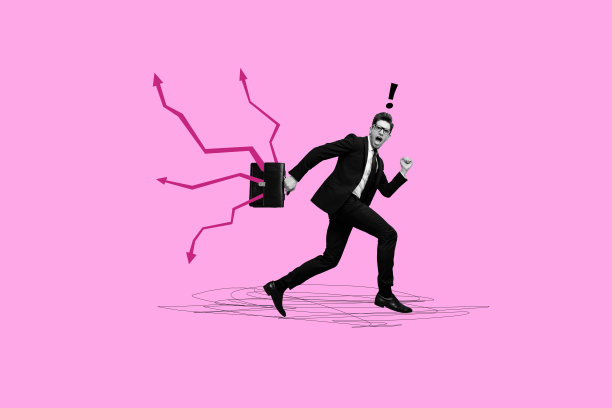 惊讶的商人拼贴照片，表现他在工作中加班，箭头指向成功与成长，背景为涂鸦风格。图片下载