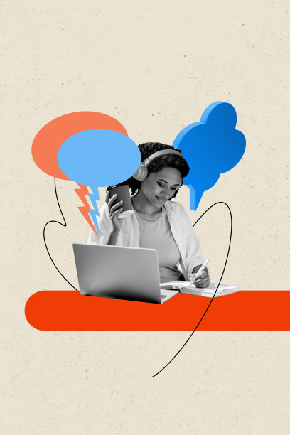 快乐的美国女孩在涂鸦背景下，使用笔记本电脑、耳机，写笔记并享受音乐的竖版照片拼贴。图片下载