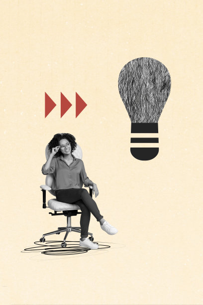 快乐的美国女孩坐在椅子上，周围是灯泡涂鸦，展示了发展、成功和创意的垂直照片拼贴，背景为涂漆的墙面。图片下载