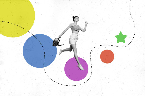 复合趋势艺术作品 3D 草图图像 照片拼贴 小型年轻女性奔跑 移动 达成目标线 路线 拿着背包的学生图片下载