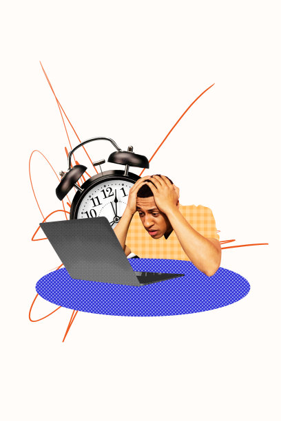 困惑的美国男子坐在笔记本电脑前，周围是闹钟、截止日期、过期、损坏的设备等元素的垂直照片拼贴，背景为涂鸦风格。图片下载