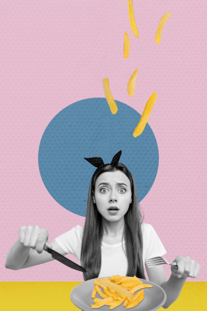 复合趋势艺术作品 3D 草图图像 照片拼贴 空白空间 年轻女士手持刀具和一块炸土豆 垃圾食品 表情符号 饿了图片下载