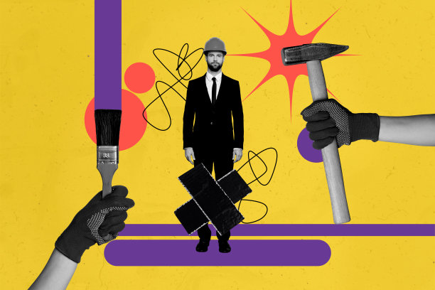 忙碌的男士享受建筑过程的极简风格照片拼贴艺术，独立于创意背景。图片下载