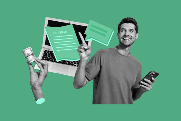 快乐的自由职业者手指着美元贿赂收入，使用笔记本电脑和手机，成功的合成照片拼贴，背景为涂鸦风格。图片下载