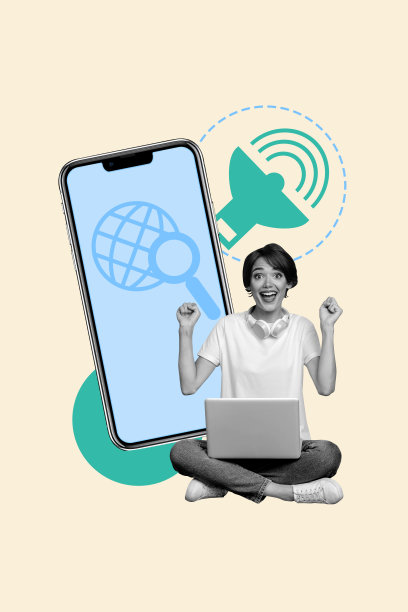 兴奋女孩手持笔记本电脑和手机的竖向照片拼贴，快速互联网连接区域，网络图标，搜索镜头，背景为涂鸦风格。图片下载