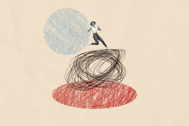 复合趋势艺术作品草图 3D 照片拼贴 充满想象的超现实空间 微型年轻女性竖起大拇指奔跑 思维混乱 解决问题图片下载