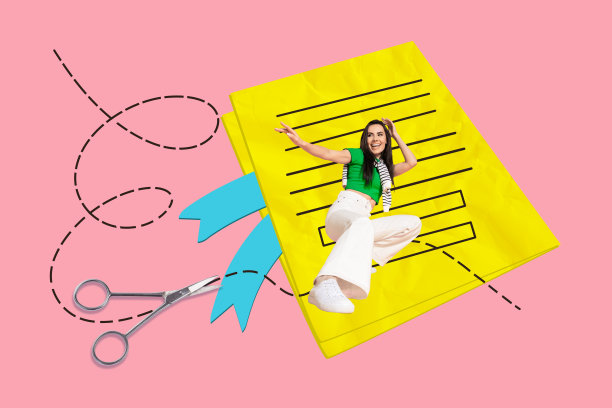 快乐女孩学生的拼贴照片，手工艺设计DIY作业，剪裁虚线，背景为涂鸦风格。图片下载