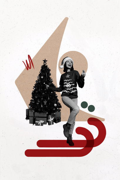 垂直照片拼贴，快乐女孩在新年树下派对中跳舞，身穿滑雪服，戴着圣诞老人帽，背景为涂鸦风格。图片下载