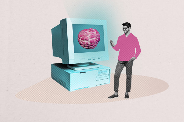 快乐的男人手持手机，脑部器官与计算机显示器的合成照片拼贴，展示了GPT聊天助手应用的创新，背景为涂鸦风格。图片下载