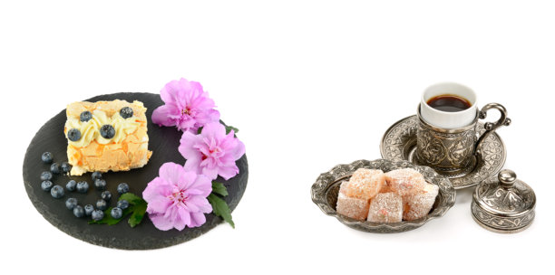 蓝莓奶油蛋糕、土耳其软糖和一杯咖啡，白色背景下的孤立图像。留白空间供文字使用。拼贴画。宽幅照片。图片下载