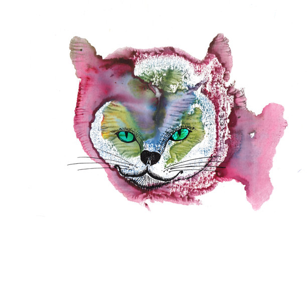 猫的插图，水彩和墨水，基于颜料印记的奇幻画作，一个微笑的猫角色，拥有绿色眼睛，像人类一样。图片下载