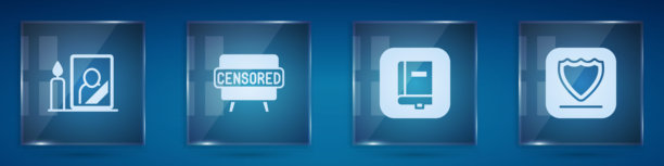 哀悼照片框，审查印章，法律书籍和盾牌。方形玻璃面板。矢量图。图片下载