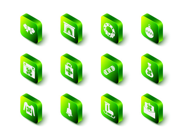 室内壁炉，圣诞花环，球，圣诞老人礼物袋，明信片，滑雪板，冰鞋和快乐的铃铛图标。矢量图。图片下载