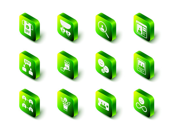 心形项链、放大镜搜索、在线约会应用、家庭照片、永远的朋友、快乐的友谊日、自拍手机和最佳好友图标。矢量图。图片下载