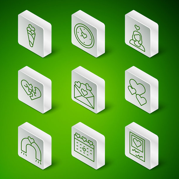 线条照片框和心形，日历，华夫饼冰淇淋，情人节信封，破裂或离婚，时钟，爱情磁铁和心形图标。矢量图。图片下载